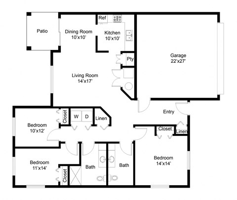 Floor plan for 3 beds, 1.5 baths, 1530 sqft